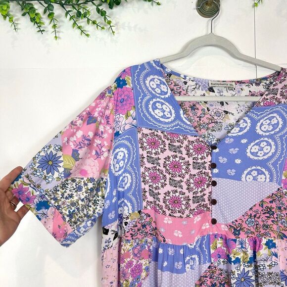 Rusttydustty Dress 3XL Purple V-Neck Short Sleeve Tiered Floral Mini Patchwork - Picture 8 of 15